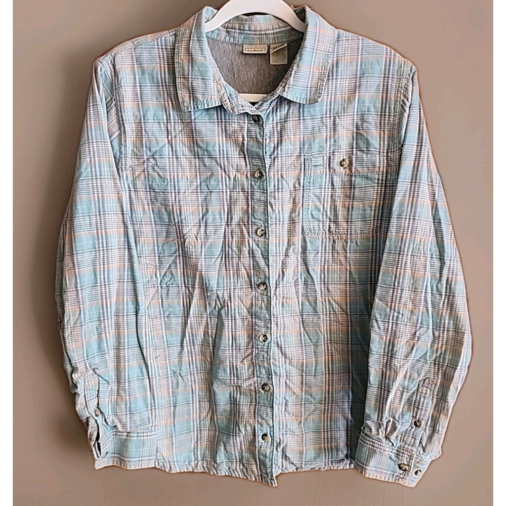 LL Bean Lined Flannel Sea Foam Green Plaid Button Up Shirt Size XL A1